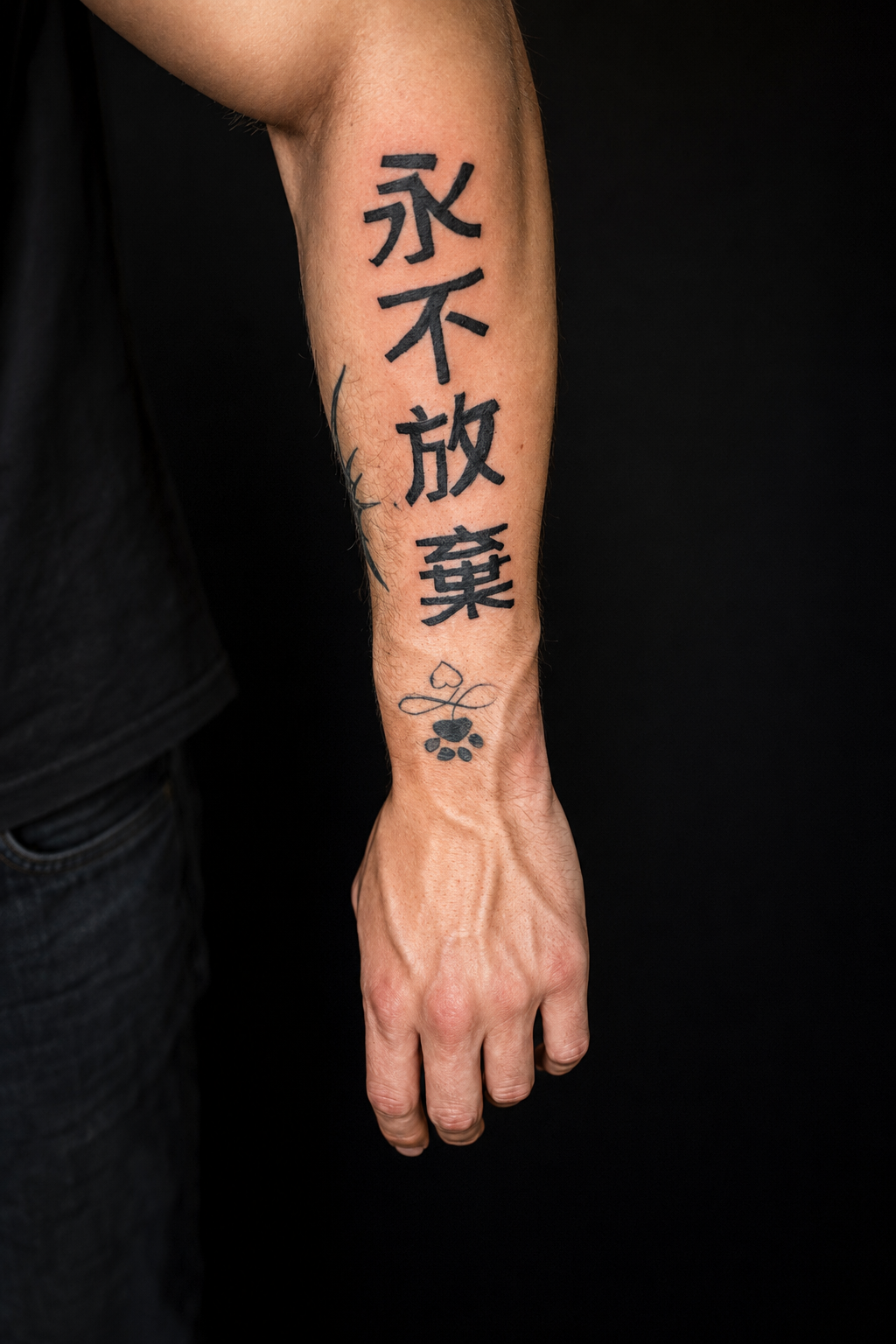 Chinese karakters 'never give up' op onderarm